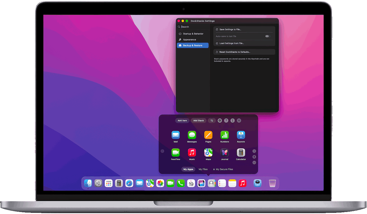 Built for macOS DockStacks settings menu displayed on a laptop